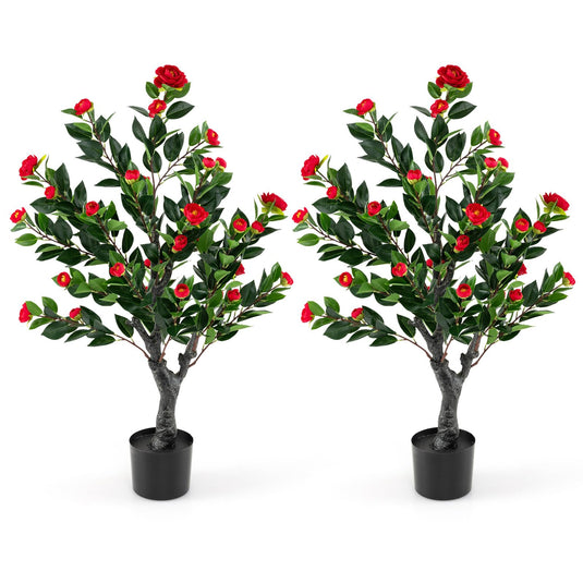 Goplus 39.5 inch Artificial Camellia Tree Set of 2 | Indoor Greenery Floral Plant Potted Decoration Tree
