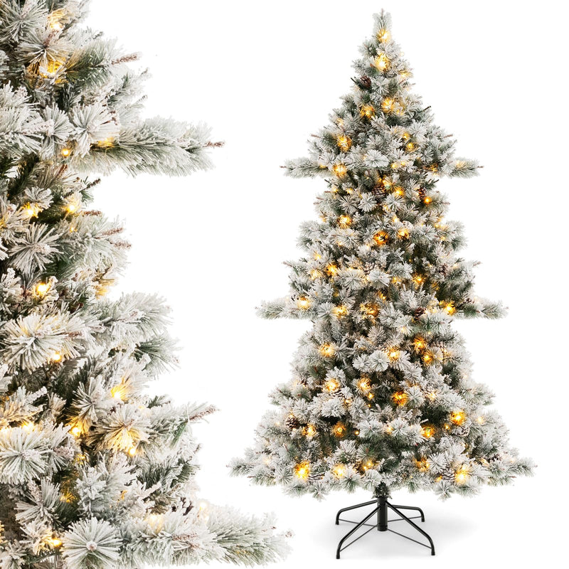 Load image into Gallery viewer, Goplus 7 FT Pre-Lit Snow Flocked Christmas Tree, Artificial Hinged Xmas Tree with 1057 PVC &amp; Pine Needles Branch Tip
