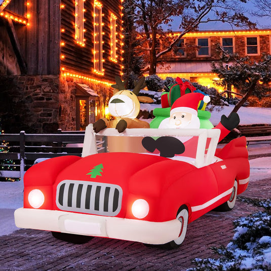 Goplus 7.7 FT Long Lighted Xmas Inflatable Santa Claus & Reindeer Driving Red Car Gift Boxes