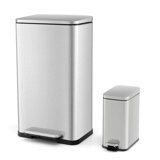 Goplus Step Trash Can Combo Set, 10.6 Gal/40 L and 1.6 Gal/6 L Stainless Steel Waste Bin