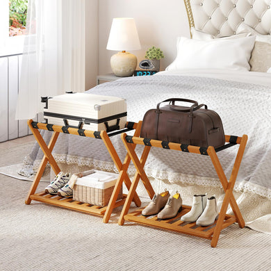 Goplus Luggage Rack Set of 2 or 4 Folding Acacia Wooden Suitcase Stand