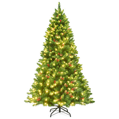 Goplus 6.5FT Pre-Lit Christmas Tree with 1100 Branch Tips Pine Cones and Red Berries