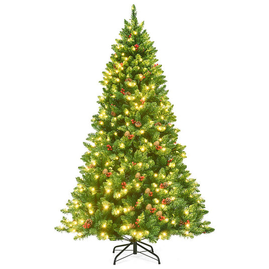 Goplus 6.5FT Pre-Lit Christmas Tree with 1100 Branch Tips Pine Cones and Red Berries