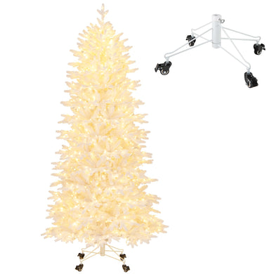 Goplus 7ft Pre-Lit White Christmas Tree with Wheels & 900 Warm White LED Lights