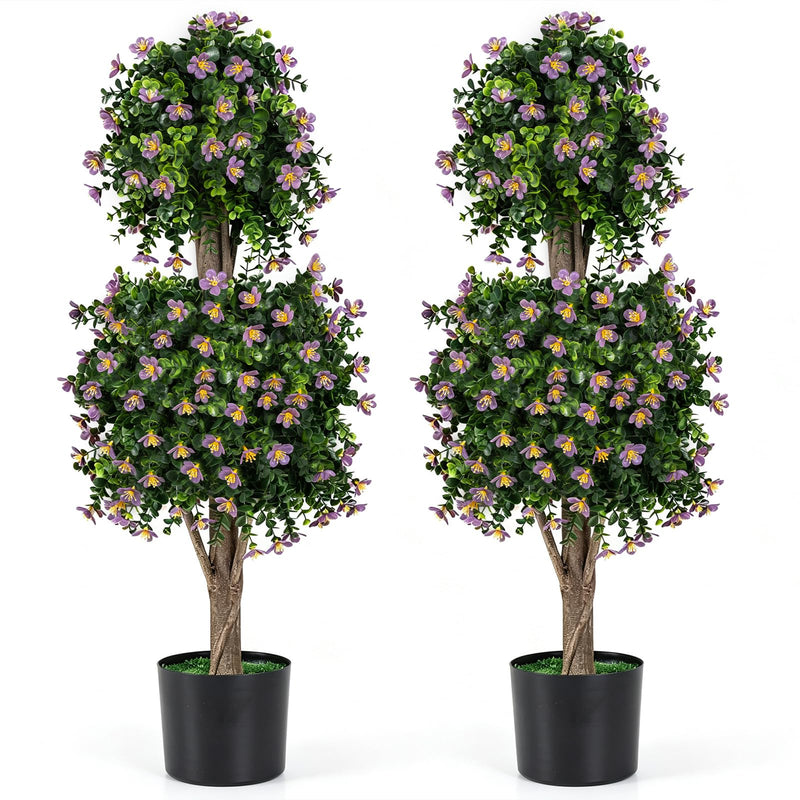 Load image into Gallery viewer, Goplus Set of 2 Artificial Topiary Trees | Realistic Evergreen Plant w/ 2 Topiary Balls and Blossoms

