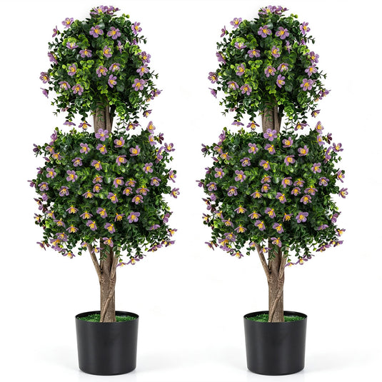 Goplus Set of 2 Artificial Topiary Trees | Realistic Evergreen Plant w/ 2 Topiary Balls and Blossoms