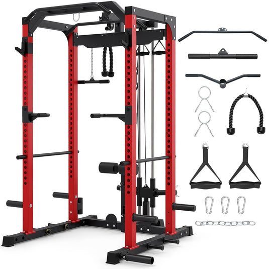 Goplus 2000LBS Power Cage with Cable Crossover System Landmine Attachment for Home Gym Garage