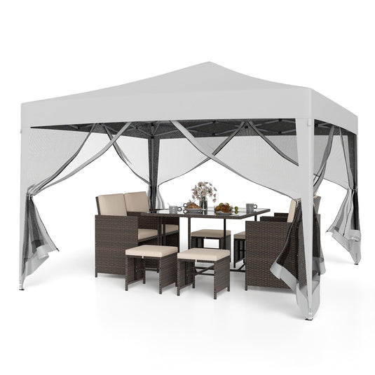 Goplus 10 FT x 10 FT Pop-Up Canopy Tent, Easy Setup Instant Folding Shelter w/Mesh Netting, Carry Bag, 8 Stakes & 4 Ropes, Height Adjustable Sunshade, Commercial Tent for Campin