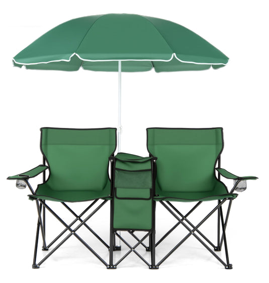 Double Folding Picnic Chairs Umbrella Mini Table Beverage Holder Carrying Bag