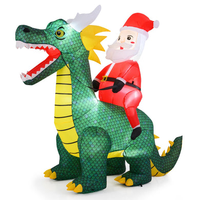 Goplus 6.7 FT Inflatable Christmas Santa Claus Riding Dinosaur Decoration with Lights Stakes