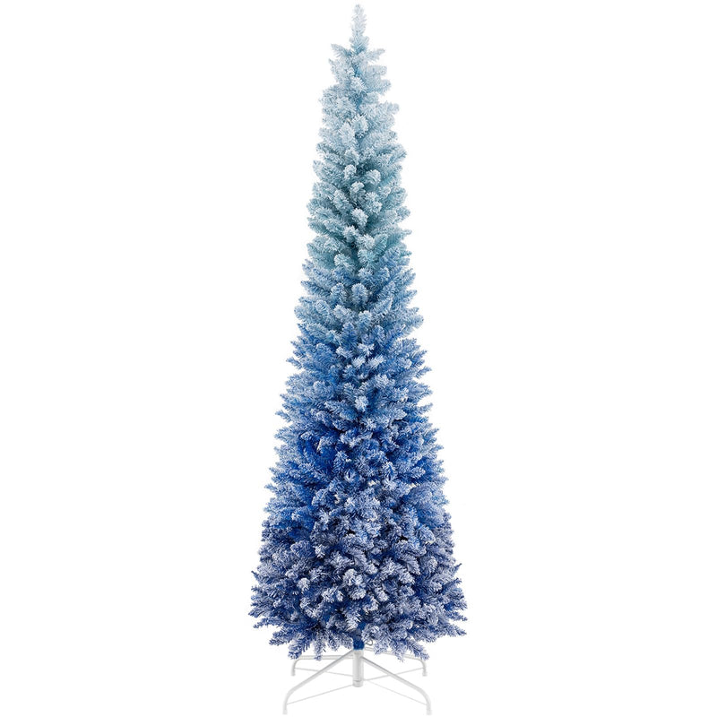 Load image into Gallery viewer, Goplus 6 FT Blue Gradient Snow Flocked Christmas Tree, Artificial Unlit Hinged Xmas Full Tree with 435 Lush Branch Tips

