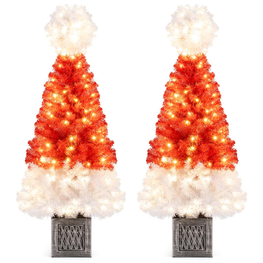 Goplus 4 FT Pre-Lit Christmas Tree for Entrances, Artificial Potted Santa Hat Xmas Tree with 300 Branch Tips