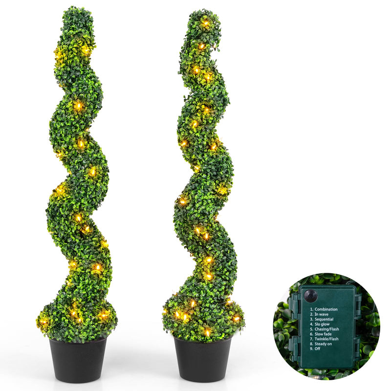 Load image into Gallery viewer, Goplus 4FT Pre-Lit Artificial Spiral Boxwood Topiary Tree w/ 100 LED Lights, Nursery Pot, Indoor Outdoor Home Front Porch Holiday Decoration

