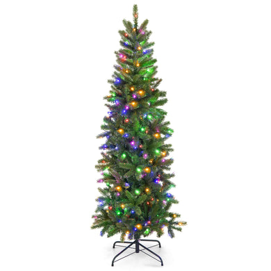 Goplus 5ft Pre-Lit Pencil Christmas Tree, Hinged Artificial Slim Tree with 390 PVC PE Branch Tips
