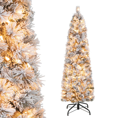 Goplus Pre-Lit Snow Flocked Pencil Christmas Tree for Home Office Holiday Decor