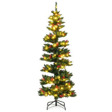Goplus 6FT / 7FT Pre-Lit Spiral Christmas Tree with Branch Tips Pine Cones Red Berries