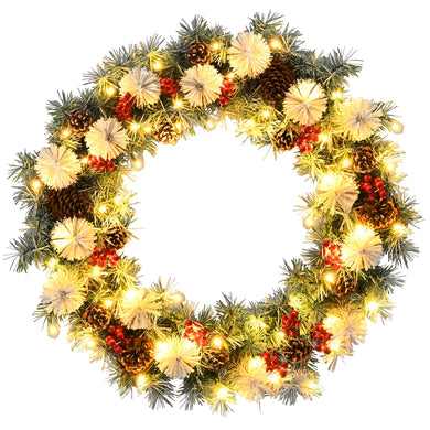 Goplus 30” Pre-lit Christmas Wreath Snow Flocked Lighted Xmas Wreath w/ 50 LED Lights