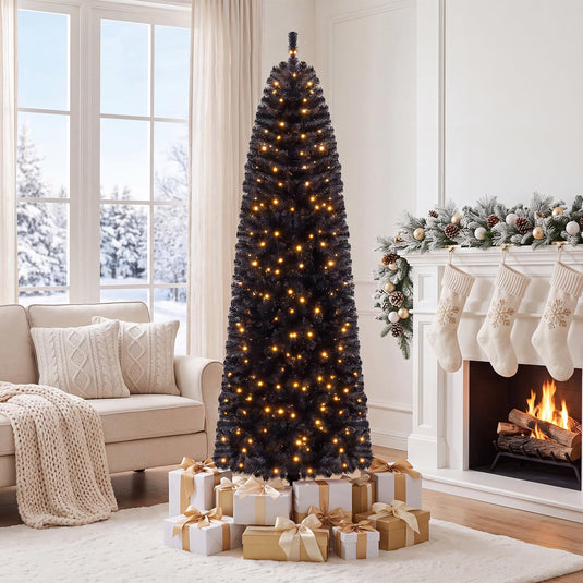 Goplus 7FT/8FT Pencil Christmas Tree with 8 Lighting Modes | Slim Artificial Fir Xmas Tree