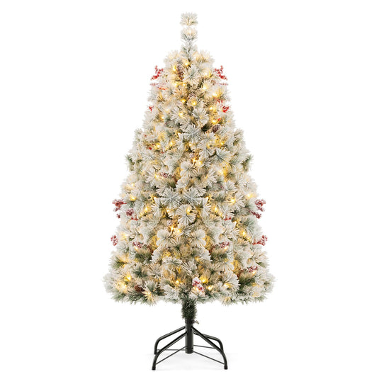Goplus 4.5ft Pre-Lit Artificial Christmas Tree, Snow-Flocked Hinged Xmas Tree with 251 Pine Needles