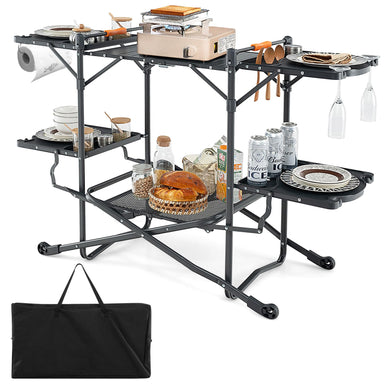 Goplus Camping Cooking Table, Outdoor Grill Table, Folding Camp Kitchen with Aluminum Tabletop