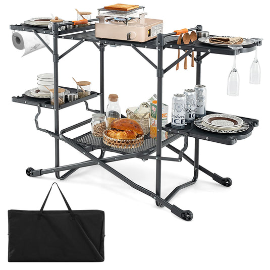 Goplus Camping Cooking Table, Outdoor Grill Table, Folding Camp Kitchen with Aluminum Tabletop