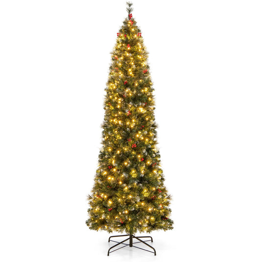 Goplus 9ft Pre-Lit Pencil Christmas Tree, Artificial Hinged Slim Xmas Tree with 500 Warm-White LED Lights