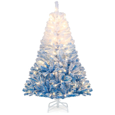 Goplus Pre-Lit Snow Flocked Christmas Tree | Artificial Hinged Xmas Full Tree
