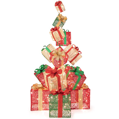 Goplus 15 Pieces Stackable Pre-lit Lighted Boxes Tower w/ 450 Warm White Lights