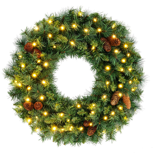 Goplus 24" Christmas Wreath with 10 Pine Cones and 50 Warm White LED Lights