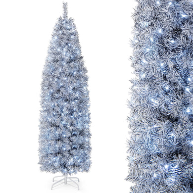 Goplus 7ft Pre-Lit Artificial Pencil Christmas Tree with 350 Cool-White LED Lights