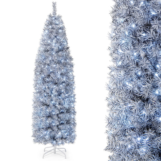 Goplus 7ft Pre-Lit Artificial Pencil Christmas Tree with 350 Cool-White LED Lights
