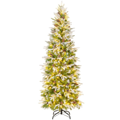 Goplus 6 FT Pre-Lit Pencil Christmas Tree, Artificial Snow Flocked Hinged Xmas Tree with 280 Warm-White LED Lights