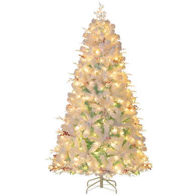 Goplus 6FT / 7FT Hinged Lighted Xmas Tree with Snow Flocked Branch Tips & LED Lights