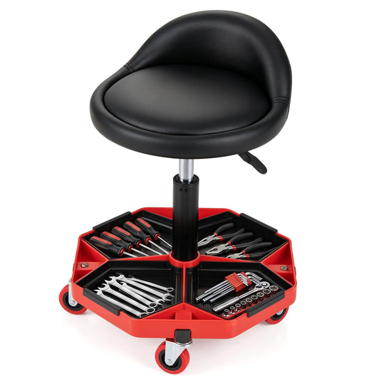 Goplus Rolling Mechanic Stool with Tool Storage Tray | PU Leather Seat Cushion