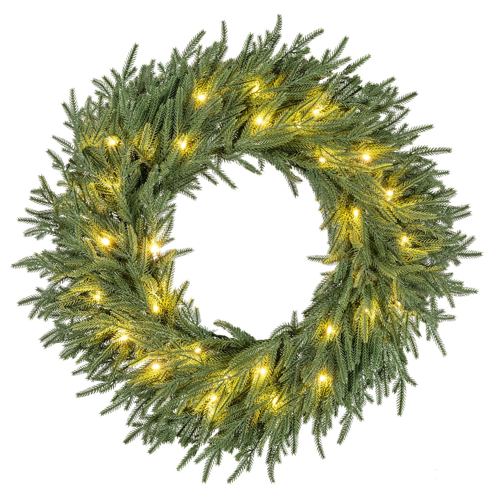 24 Inch Pre-lit Christmas Wreath with 108 Branch Tips and 35 Warm Whit ...