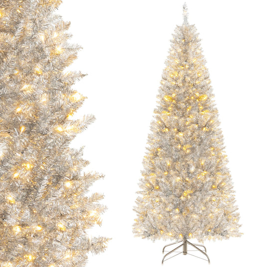 Goplus 6ft Pre-lit Silver Pencil Christmas Tree, Artificial Tinsel Electroplated Tree, Decor for Home
