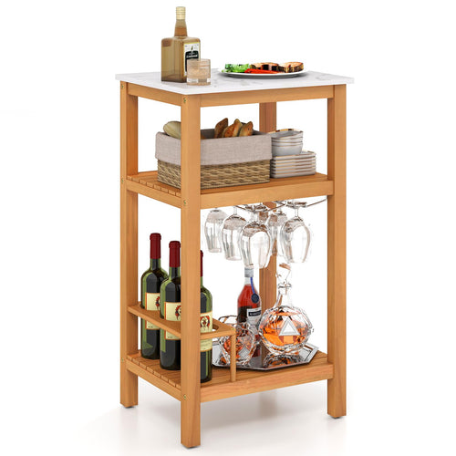 Goplus 3-Tier Patio Buffet Cabinet Bar Table with Faux Marble Countertop