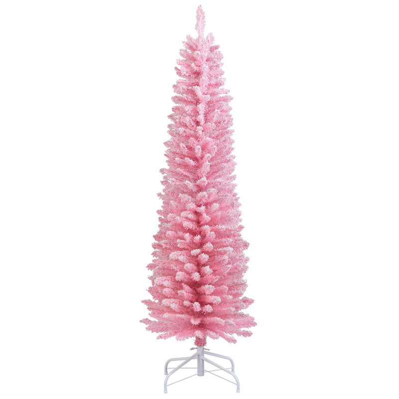 Load image into Gallery viewer, Goplus 5ft / 6ft Pink Slim Pencil Christmas Tree | Snow Flocked Skinny Xmas Full Tree
