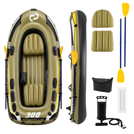 Goplus 3/4 Person Heavy-Duty Fishing Raft Set with Oars Bolster Seats Pouch & Rod Holders