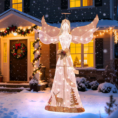 Goplus Pre-lit 3D Glittered Angel with 100 Warm White Lights Halo Bow Ground Stakes
