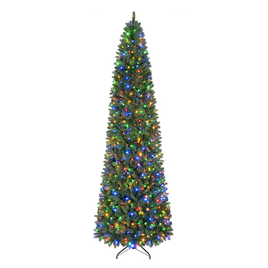 Goplus 9ft Pre-Lit Pencil Christmas Tree with 550 Lights and 9 Light-Modes