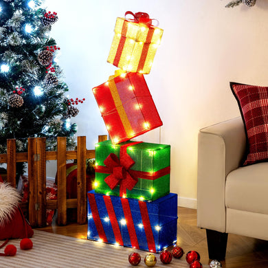 Goplus Christmas Lighted Gift Boxes Set of 4 | Light Up Present Boxes with Colorful Bows