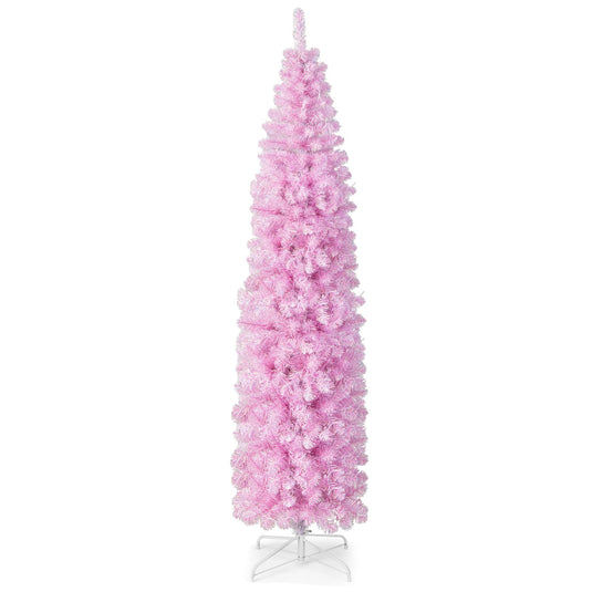 Goplus 7 FT Pre-Lit Pencil Christmas Tree with 670 Branch Tips & 350 Cold White LED Lights