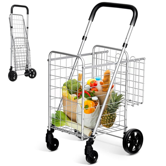 Folding Shopping Utility Cart, Double Basket and 360 Swivel Wheels