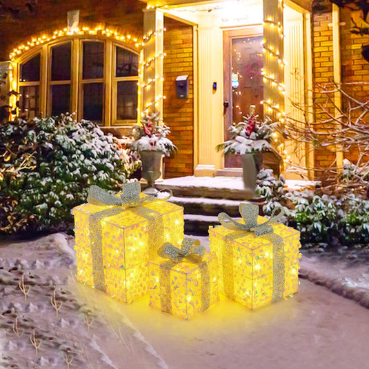 Goplus 3 Pieces Christmas Lighted Gift Boxes ( Laser Fish Scale )