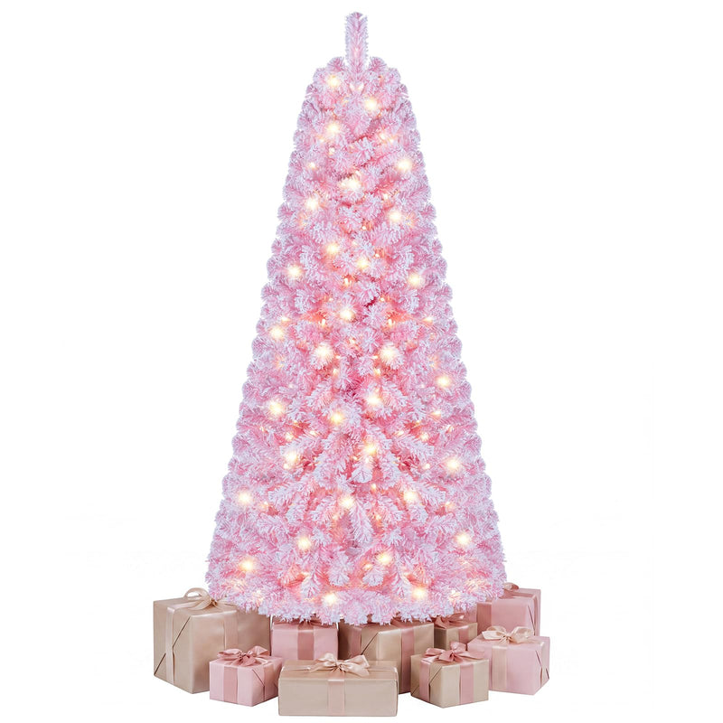 Load image into Gallery viewer, Goplus 5ft/6ft/7ft Pink Pre-Lit Flocked Christmas Trees | Hinged Artificial Xmas Tree
