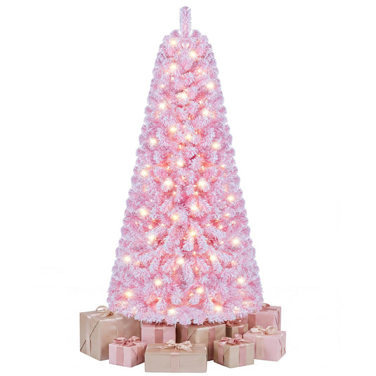 Goplus 5ft/6ft/7ft Pink Pre-Lit Flocked Christmas Trees | Hinged Artificial Xmas Tree