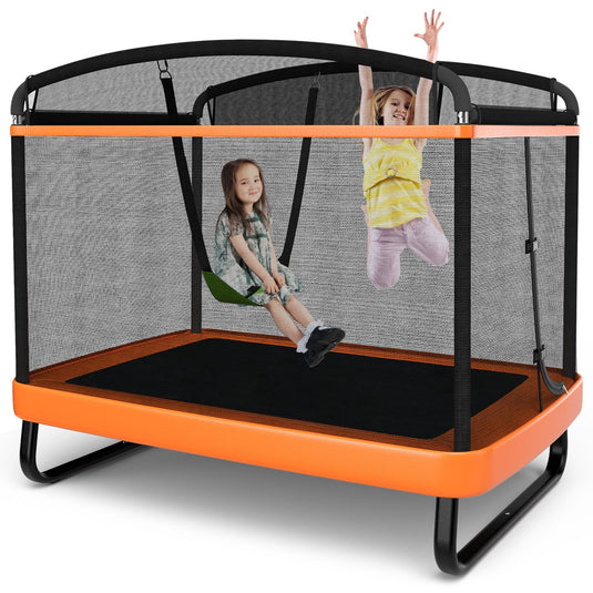 Goplus 6FT Kids Trampoline with Swing, ASTM Approved Rectangle Recreational Trampoline w/Enclosure Safety Net
