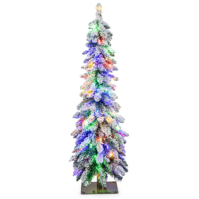 Goplus Pre-Lit Flocked Pencil Christmas Tree Artificial Slim Xmas Tree