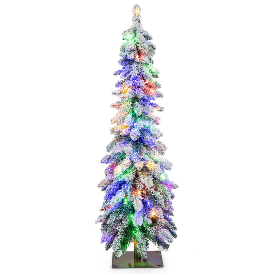 Goplus Pre-Lit Flocked Pencil Christmas Tree Artificial Slim Xmas Tree